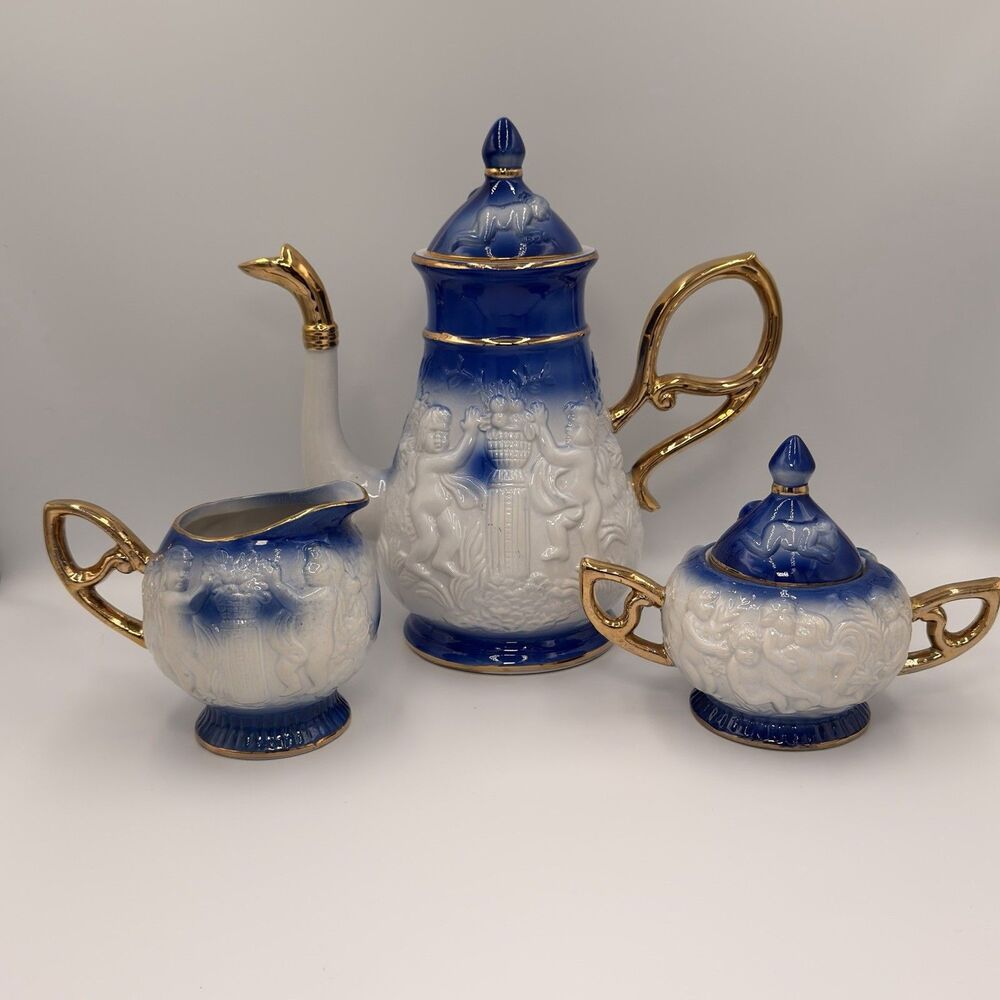 Vintage Raised Cherub Teapot Creamer & Sugar Bowl Blue White Gold Trim Tea Set